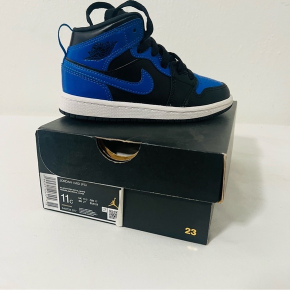 Air Jordan 1 Mid (PS) Size 11C Black/Hyper Royal-White Sneakers [640734077] EUC - Picture 2 of 9
